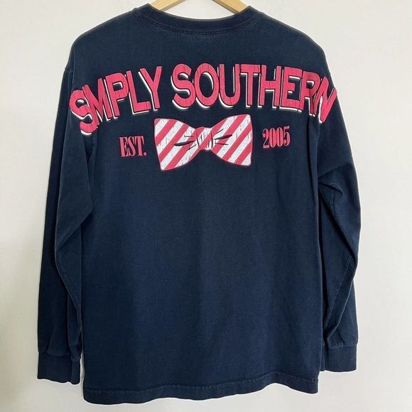 Vintage Simply Southern Shirt Womens Medium Blue Pink Long Sleeve Bow Spell Out - Picture 1 of 8
